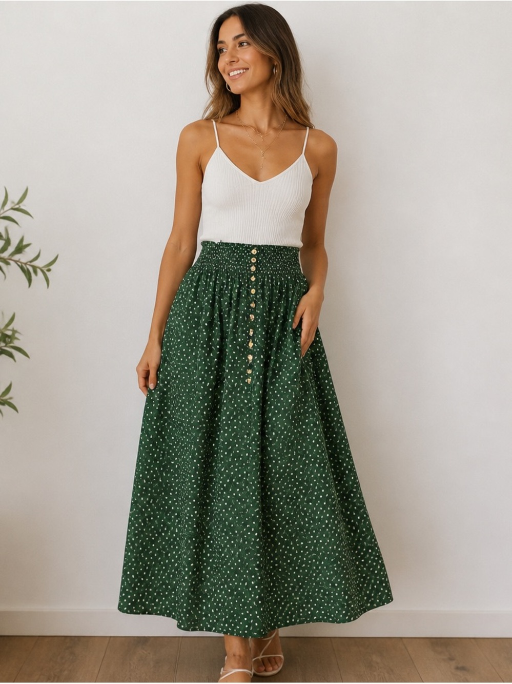 Vintage-Inspired Green Polka Dot Button-Front Maxi Skirt